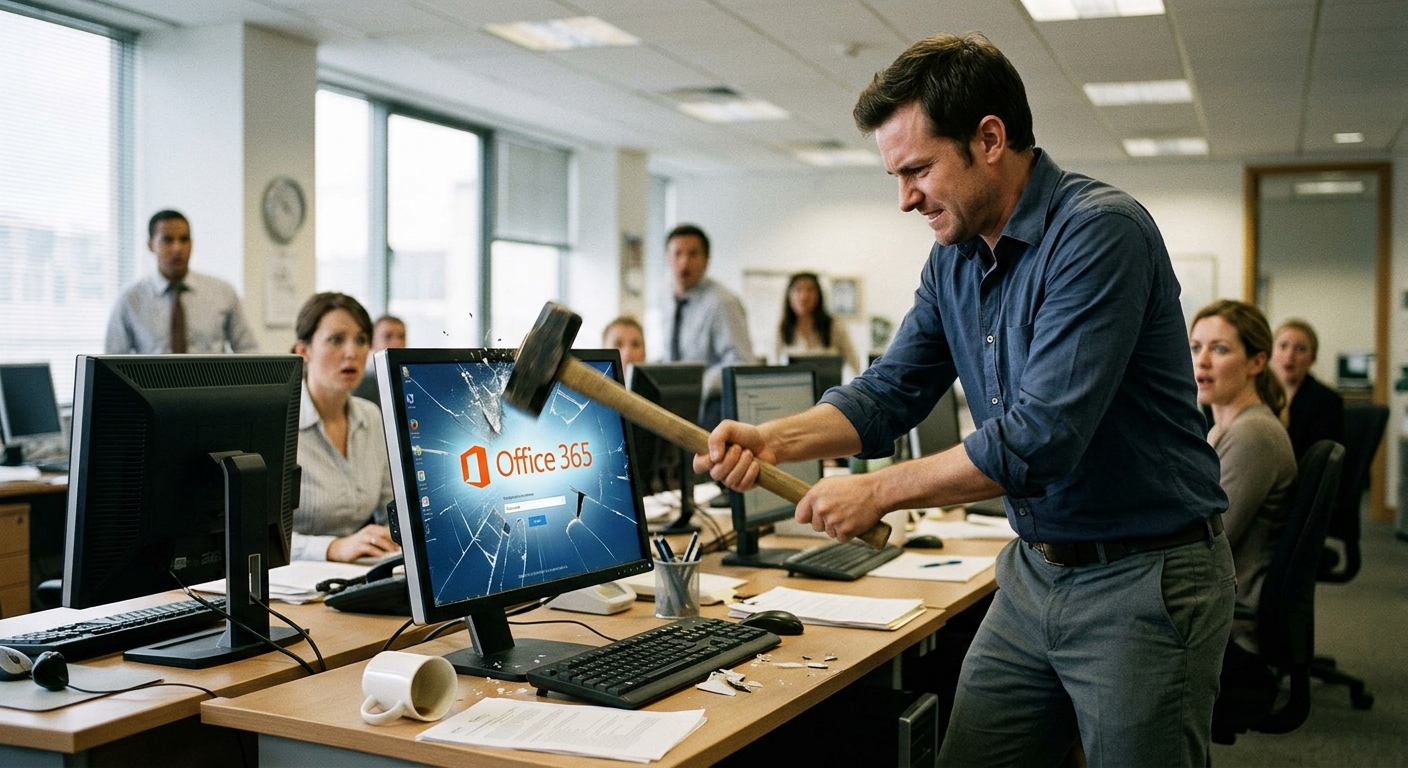A frustrated office worker swinging a sledgehammer into a desktop computer monitor displaying the Office 365 logo as shocked coworkers look on.